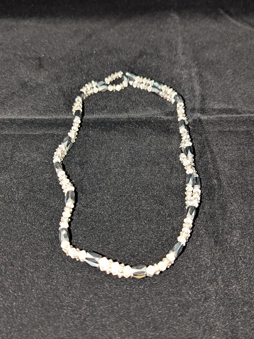 Crystal and Hematite Magnetic Beaded Necklace - White and Silver